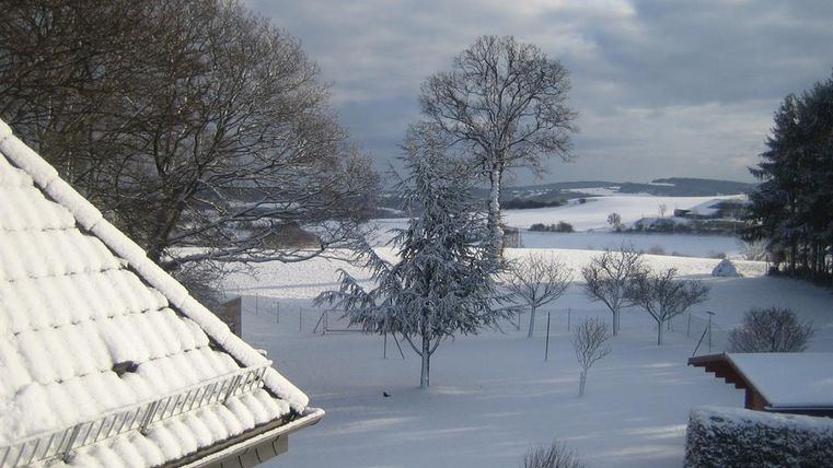 Een besneeuwd landschap met bomen en een bewolkte lucht. Op de voorgrond is een dak met sneeuw te zien.