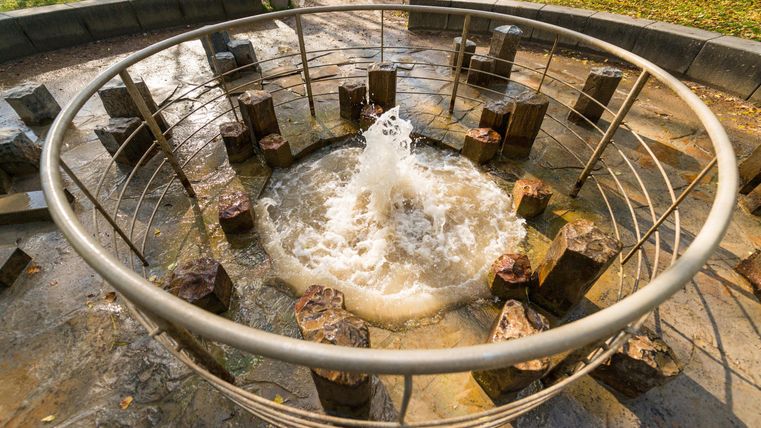 Ein runder Brunnen mit sprudelndem Wasser, umgeben von Steinen. Die Umgebung ist von üppigem Grün geprägt.