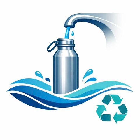 Eine Wasserflasche wird unter einem Wasserhahn gefüllt. Daneben sind Wellen und ein Recycling-Symbol abgebildet.