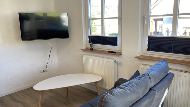 Ein gemütlicher Wohnraum mit einem blauen Sofa und einem modernen Couchtisch. An der Wand hängt ein Fernseher und große Fenster sorgen für viel Tageslicht.