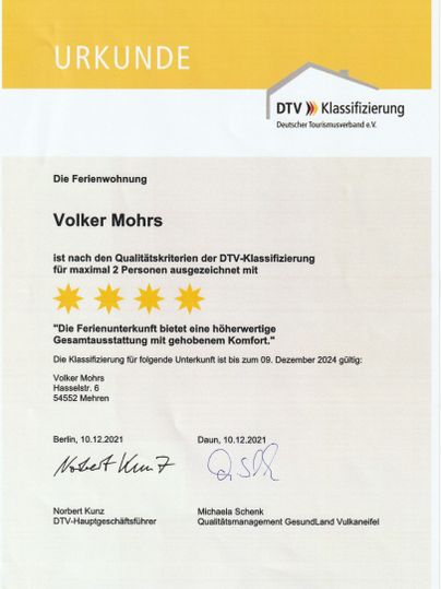 Een certificaat voor de DTV-classificatie van een vakantieappartement voor maximaal twee personen. De accommodatie biedt een hoogwaardige uitrusting en is geldig tot 9 december 2024.