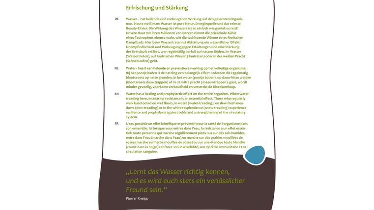 Een informatieblad met de titel "De Kracht van Water". Het bevat teksten over voeding en versterking door water.
