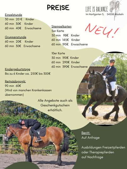 A price sheet for riding offers that lists various services for children and adults. It also displays information about vouchers and special events.