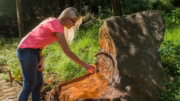 A woman with blonde hair is filling a glass from a natural water stream. In the background, trees and green plants can be seen.