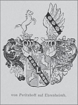 A coat of arms featuring a shield flanked by two horses and two eagles. Below it is the inscription "von Peritzhoff auf Ehrenbeimb."