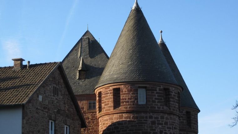 Een historisch gebouw met markante torens en een heldere, blauwe lucht. De architectuur toont een combinatie van steenmetselwerk en spitsdaken.
