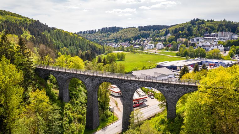 Een indrukwekkende stenen brug rijst op boven een groene landschap. Omringd door bossen en kleine gebouwen geeft ze het beeld een charmante sfeer.