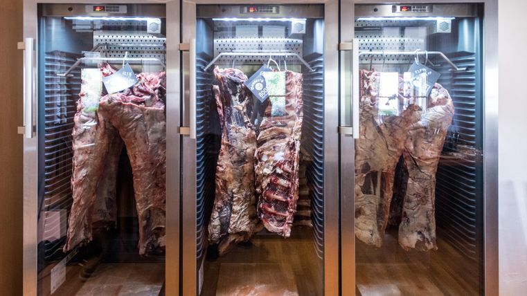 Three refrigerators containing matured meat are arranged side by side. The meat is visibly hung and features different varieties.