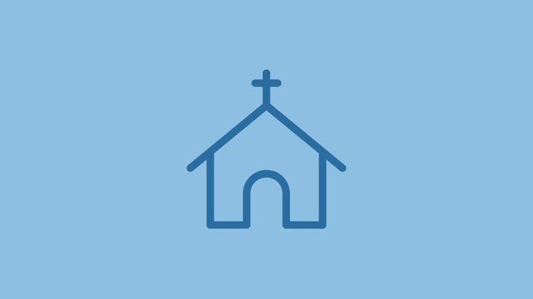 Ein einfaches Icon eines Kirchengebäudes mit einem Kreuz. Der Hintergrund ist blau.