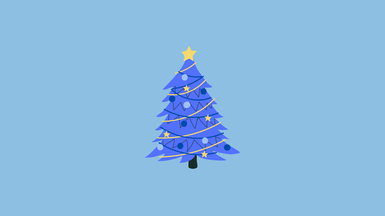 Ein blauer Weihnachtsbaum mit goldenen und weißen Ornamenten. Der Baum steht vor einem hellblauen Hintergrund.