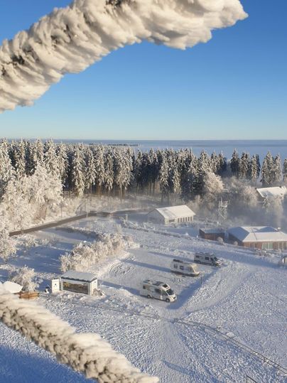 Eine verschneite Landschaft mit Häusern und einer dichten Baumreihe. Der Himmel ist klar und blau, was einen schönen Kontrast zum weißen Schnee bildet.