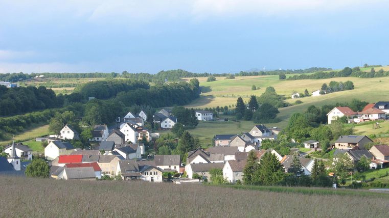 Eine ruhige Landschaft mit einem kleinen Dorf und grünen Feldern. Die Häuser sind umgeben von Bäumen und sanften Hügeln.