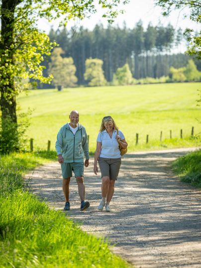 An older couple is walking on a quiet path through a green landscape. The sun is shining and the trees provide shade.