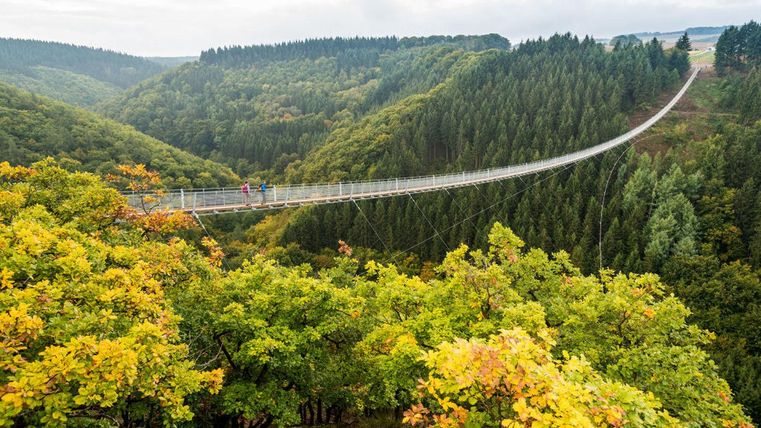 A narrow suspension bridge crosses a picturesque valley with green forests. The trees display autumn colors, and the surroundings are calm and inviting.