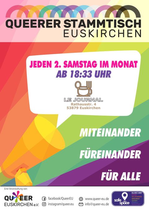 Ein bunter Flyer für einen queeren Stammtisch in Euskirchen. Die Veranstaltung findet jeden zweiten Samstag im Monat statt und lädt alle ein, sich zu treffen und auszutauschen.