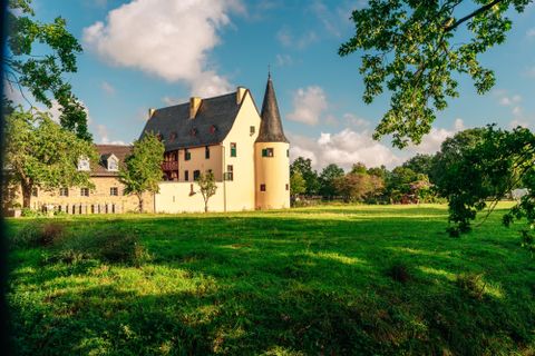 Ein malerisches Schloss mit einem spitzen Turm, umgeben von einer grünen Wiese. Im Hintergrund sind Bäume und ein blauer Himmel zu sehen.