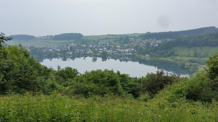 Eine ruhige Landschaft mit einem See und umgebenden grünen Wäldern. Im Hintergrund sind kleine Häuser und Hügel sichtbar.