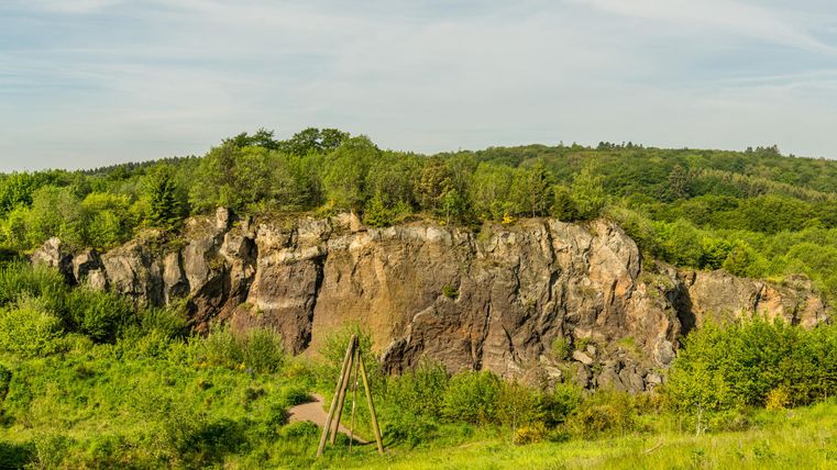 Grüne Landschaft mit Felsformationen im Vulkangarten Steffeln, umgeben von Bäumen und Wiesen unter blauem Himmel.