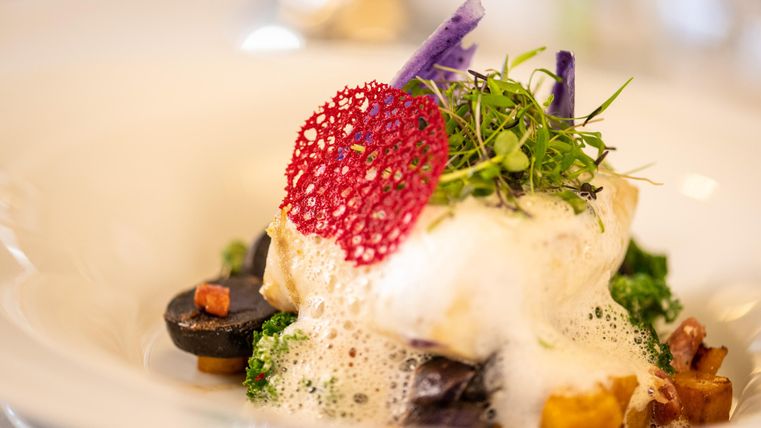 Ein kunstvoll angerichtetes Gericht auf einem weißen Teller. Es besteht aus einer Fischfilet mit schaumiger Sauce, buntem Gemüse und einer roten Dekoration.