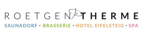 Ein Logo der Rötgen-Therme, das die verschiedenen Bereiche wie Saunadorf, Brasserie, Hotel Eifelsteig und Spa präsentiert. Die Farben sind sanft und ansprechend gestaltet.