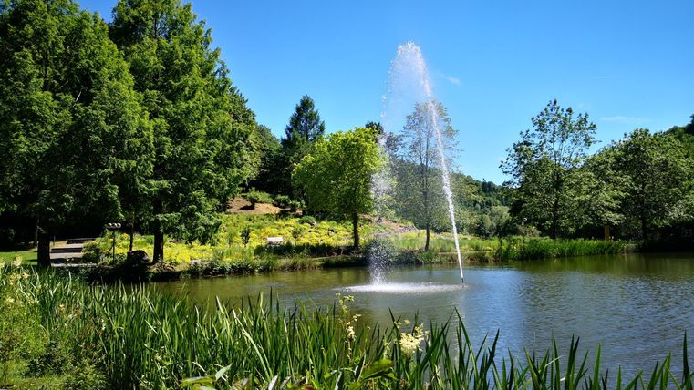 A tranquil pond with a jumping water jet, surrounded by green trees. The sky is clear and blue.