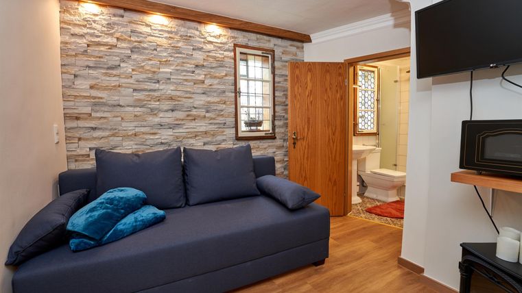 A cozy living room with a blue couch and decorative pillows. In the background, a television and access to the bathroom can be seen.