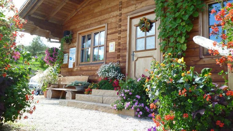 Ein gemütliches Holzhaus mit einer blühenden Eingangstreppe. Bunte Blumen schmücken die Umgebung und sorgen für eine einladende Atmosphäre.