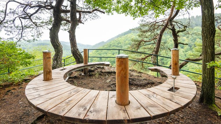 Eine Holzplattform inmitten von Bäumen mit Blick auf eine grüne Landschaft. Die Umgebung wirkt ruhig und einladend.