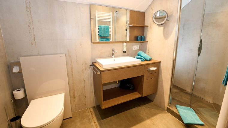 Een moderne badkamer met een douche, een wastafel en een toilet. De muren zijn in neutrale kleuren geschilderd, en er zijn enkele decoratieve voorwerpen in turquoise aanwezig.