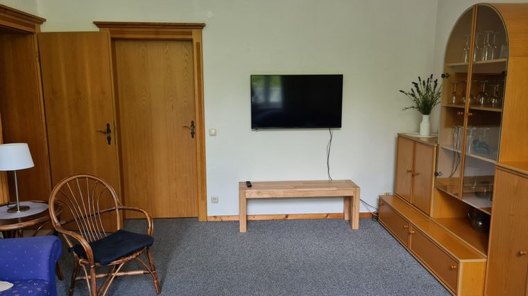 Ein gemütlicher Wohnraum mit einem Flachbildfernseher und einem Holzregal. Es gibt einen Sessel und einen Couchtisch in der Mitte des Raumes.