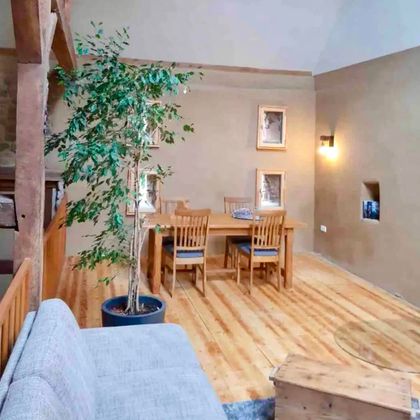 Ein gemütlicher Raum mit Holzboden und Wänden in warmen Erdtönen. Ein Tisch mit Stühlen und eine Pflanze sorgen für eine einladende Atmosphäre.