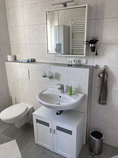 Ein modernes Badezimmer mit einem Waschbecken, Spiegel und WC. Die Wände sind hell gefliest und es gibt eine Handtuchhalterung sowie einen kleinen Abfallbehälter.