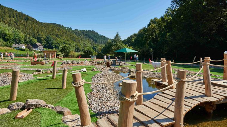 A picturesque landscape with a wooden walkway over a small body of water. In the background, green hills and blue sky can be seen.