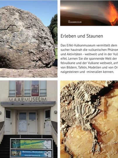 The image shows the Maarmuseum with its facade and information about volcanic phenomena. Next to a large rock block, impressions of volcanoes and their formation can be seen.