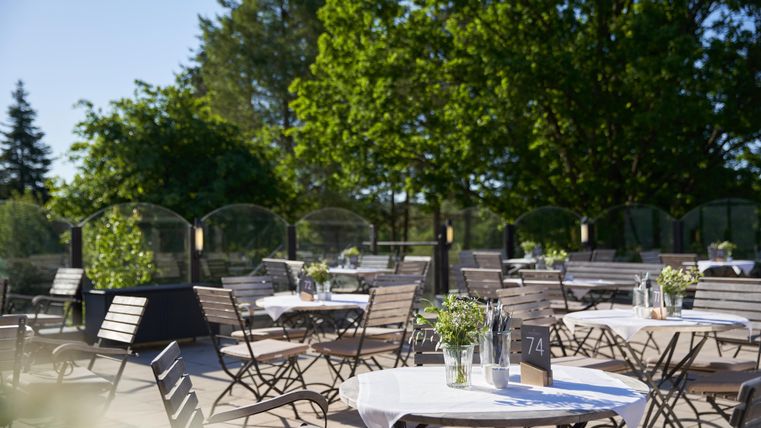 Eine gemütliche Terrasse mit Holztischen und Stühlen im Freien. Grüne Bäume und Sonnenschein schaffen eine einladende Atmosphäre.