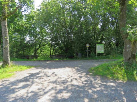 Een rustige splitsing in het groen, omringd door bomen. Een bord wijst op een mogelijke wandelroute.