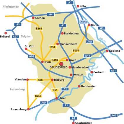 Eine Karte von Deudesfeld und Umgebung mit markierten Straßen und Städten. Wichtige Verbindungen nach Aachen, Bonn und Luxemburg sind hervorgehoben.