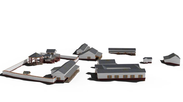 The image shows a model view of the Roman sanctuary of the healing spring Heckenmünster. Various buildings are presented in a clear arrangement.