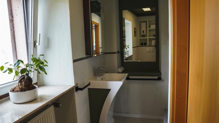 Ein modernes Badezimmer mit einem eleganten Waschtisch und einem großen Spiegel. Eine Pflanze sorgt für einen grünen Akzent im Raum.