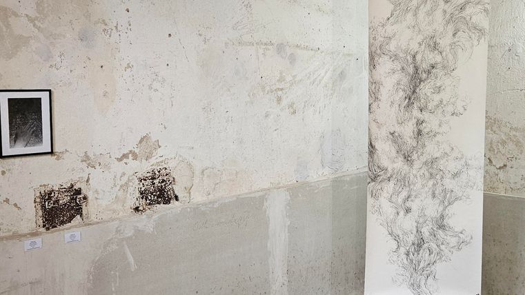 An empty room with gray walls and a concrete floor. On the left side, a small picture hangs, while on the right side there is a large, patterned surface.