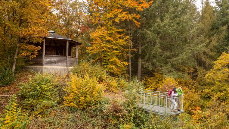 Ein Aussichtspunkt im Wald mit bunten Herbstblättern. Im Hintergrund steht ein Pavillon und zwei Personen genießen die Natur.
