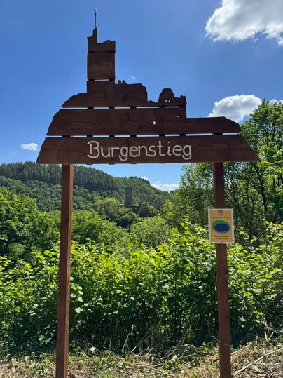 Een bord van de Kasteelroute, dat een kasteelruïne afbeeldt, staat voor een bebost landschap. De hemel is blauw met enkele wolken.