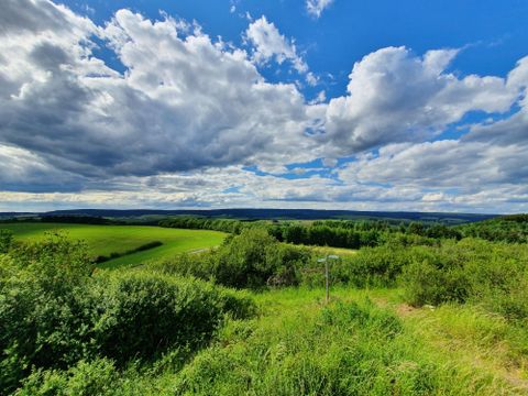 Eine weite Landschaft mit sanften Hügeln und grünem Gras. Der Himmel ist voller großer, weißer Wolken und strahlendem Blau.