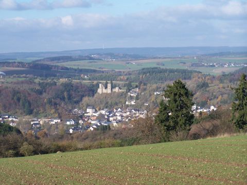 Eine malerische Landschaft mit einer kleinen Stadt im Tal und einer alten Burg im Hintergrund. Die Umgebung ist grün und sanft hügelig.