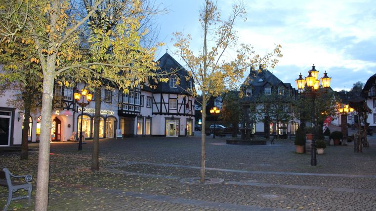 A picturesque square with traditional half-timbered houses and autumn trees. In the evening, the street lamps light up, creating an inviting atmosphere.