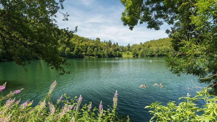 A tranquil lake surrounded by green trees and colorful flowers. Some people are swimming in the clear water.