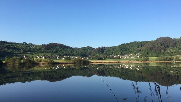 A calm lake surrounded by gentle hills and dense forests. The clear sky is reflected in the water.
