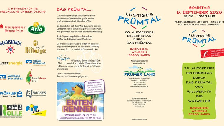 An informational sheet for the event "Lustiges PrümTal" with various sponsor logos. The event takes place on 6. September 2026 and offers a duck race as well as other activities.
