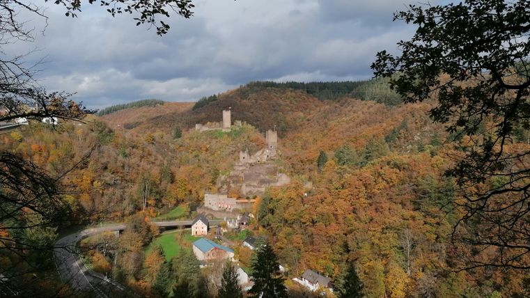 A picturesque landscape with autumnal trees and an old castle ruin in the background. The sky is cloudy and the colors of nature radiate in warm tones.