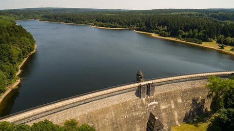 Ein Blick auf einen Stausee mit einer beeindruckenden Mauer und umgeben von dichten Wäldern. Das Wasser spiegelt die grüne Landschaft wider.